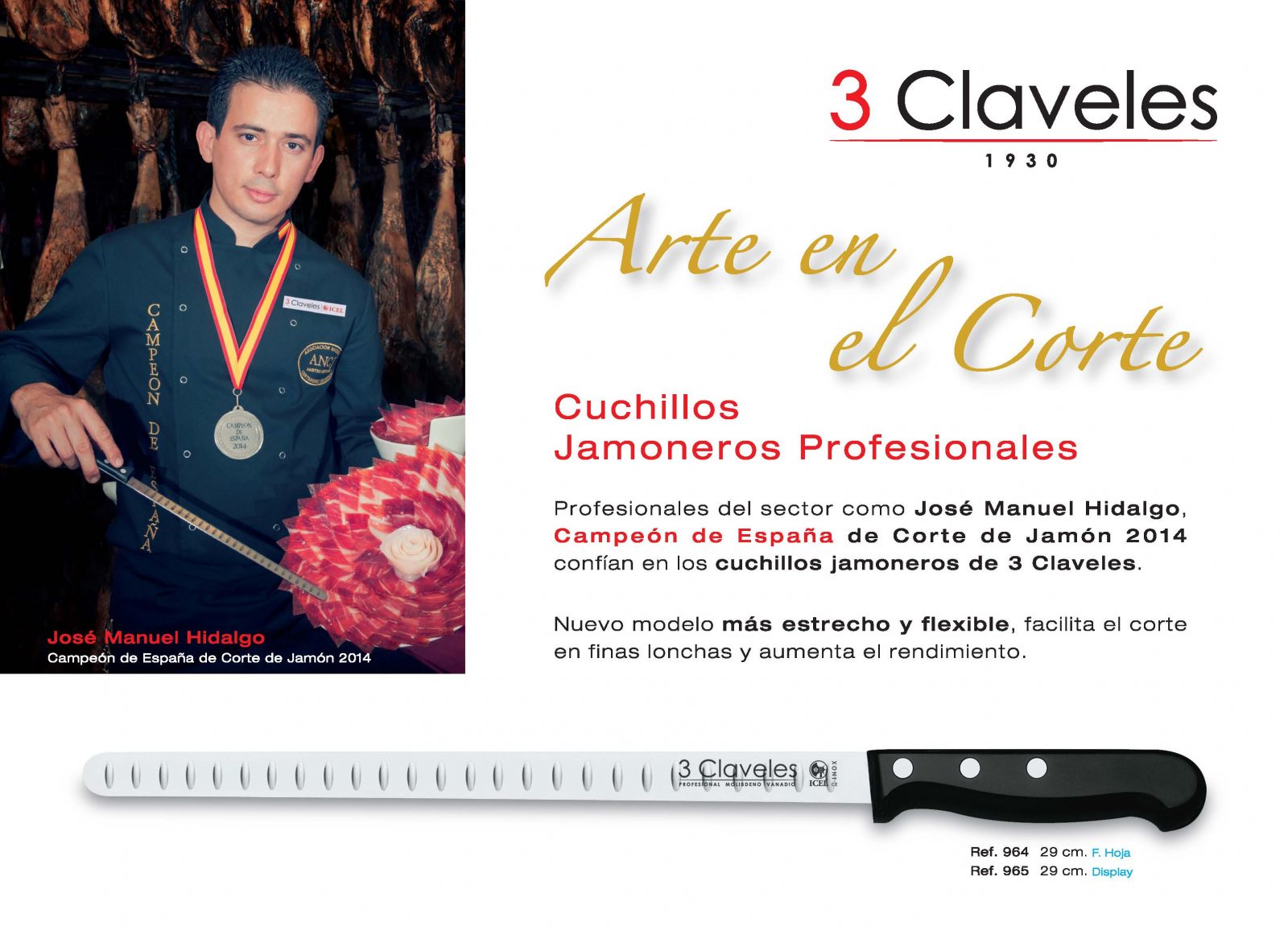 Cuchillo jamonero alveolado acero inoxidable 29cm. (3 Claveles 00965)