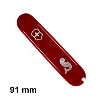 Cacha delantera de 91 mm en color rojo con el logotipo del “Pez”, de recambio para navajas multiusos Victorinox – C-3672.3 – Cuchillalia.com