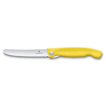 Cuchillo plegable Victorinox Swiss Classic, con hoja dentada y mango amarillo – Abierto – Cuchillalia.com