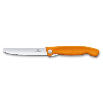 Cuchillo plegable Victorinox Swiss Classic, con hoja dentada y mango naranja – Abierto – Cuchillalia.com