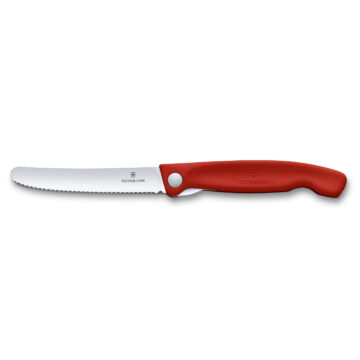 Cuchillo plegable Victorinox Swiss Classic, con hoja dentada y mango rojo – Abierto – Cuchillalia.com