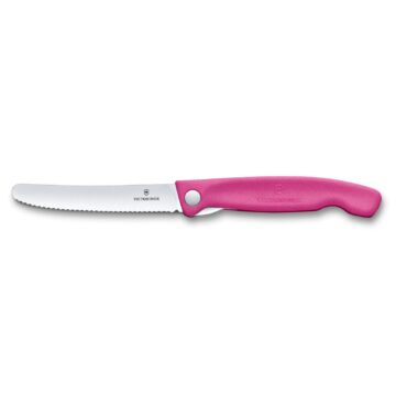 Cuchillo plegable Victorinox Swiss Classic, con hoja dentada y mango rosa – Abierto – Cuchillalia.com